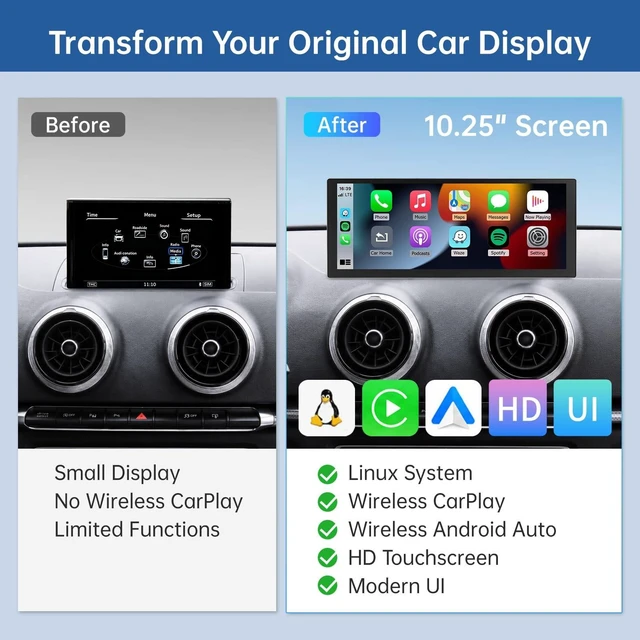Alt view image 3 of 5 - Road Top 10.25" Ultra-Narrow CarPlay Screen for Audi A3/S3 MIB (2014-2019)