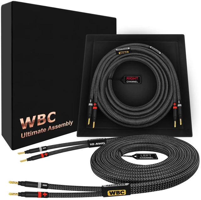 Main image of WORLDS BEST CABLES 8 Foot Ultimate - 10 AWG - Ultra-Pure OFC - Premium Audiophile HiFi Speaker Cable Pair with Eminence Gold Banana Plugs & Carbon Tweed Jacket