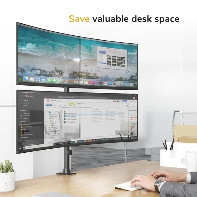 Alt view image 2 of 5 - Mount-It! Dual Ultrawide Monitor Mount, Vertical Stacking Heavy Duty Desk Stand for 17-49" Screens up to 44 lbs, VESA 75x75 100x100, Tilt Swivel Rotate, Portrait and Landscape