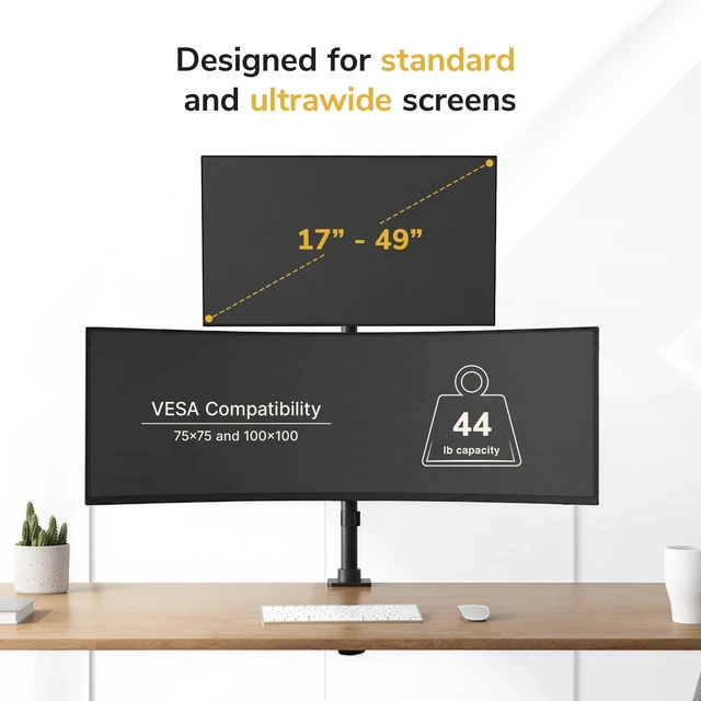 Alt view image 3 of 5 - Mount-It! Dual Ultrawide Monitor Mount, Vertical Stacking Heavy Duty Desk Stand for 17-49" Screens up to 44 lbs, VESA 75x75 100x100, Tilt Swivel Rotate, Portrait and Landscape