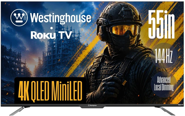 Main image of Westinghouse 55 Inch Mini LED 4K UHD Roku Smart TV Max, Native 144Hz Refresh Rate, VRR & ALLM Gaming, QLED Quantum Color, Dolby Vision HDR, Local Dimming, MEMC Motion, Apple AirPlay 2 & HomeKit