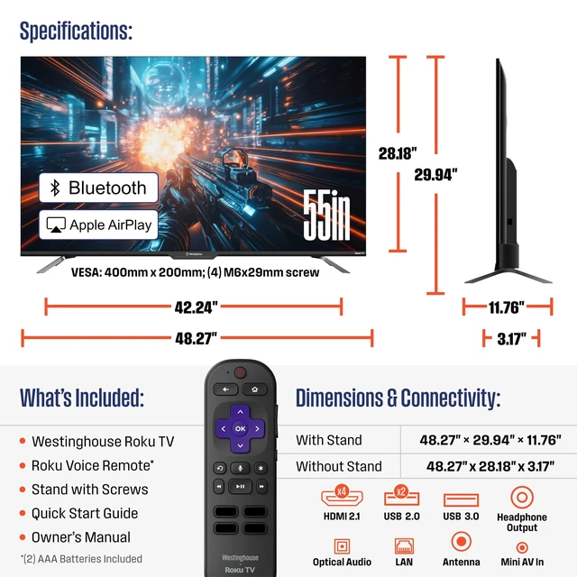 Alt view image 3 of 5 - Westinghouse 55 Inch Mini LED 4K UHD Roku Smart TV Max, Native 144Hz Refresh Rate, VRR & ALLM Gaming, QLED Quantum Color, Dolby Vision HDR, Local Dimming, MEMC Motion, Apple AirPlay 2 & HomeKit