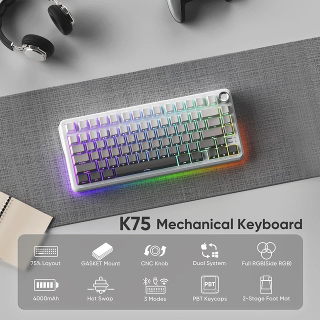 Alt view image 2 of 5 - RedThunder K75 Wireless Mechanical Keyboard, CNC Knob, Tri-Mode BT5.0/2.4GHz/USB-C Hot Swappable Custom, Cremy Sound, Pre-lubed Linear Switches, RGB Gaming Keyboard, Side Fonts, Gradient White-