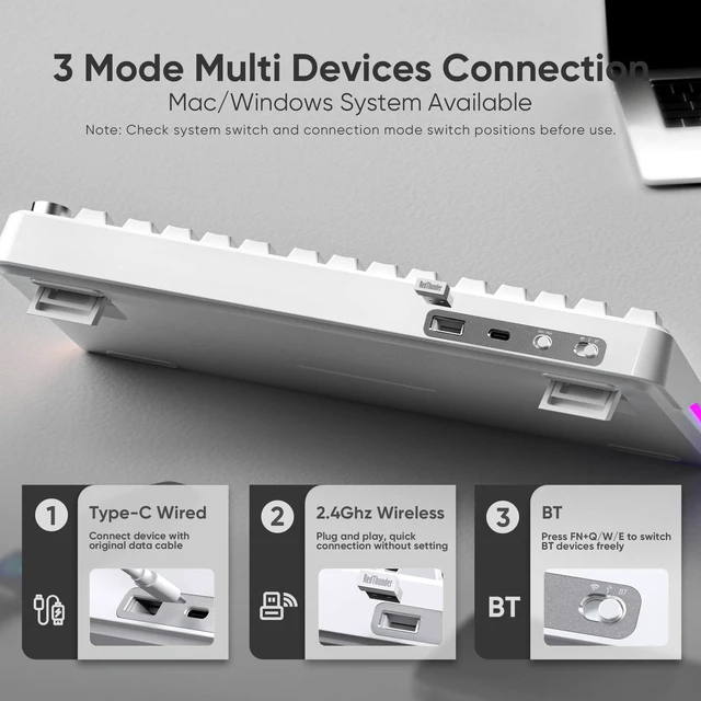 Alt view image 4 of 5 - RedThunder K75 Wireless Mechanical Keyboard, CNC Knob, Tri-Mode BT5.0/2.4GHz/USB-C Hot Swappable Custom, Cremy Sound, Pre-lubed Linear Switches, RGB Gaming Keyboard, Side Fonts, Gradient White-