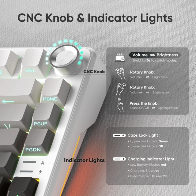 Alt view image 3 of 5 - RedThunder K75 Wireless Mechanical Keyboard, CNC Knob, Tri-Mode BT5.0/2.4GHz/USB-C Hot Swappable Custom, Cremy Sound, Pre-lubed Linear Switches, RGB Gaming Keyboard, Side Fonts, Gradient White-