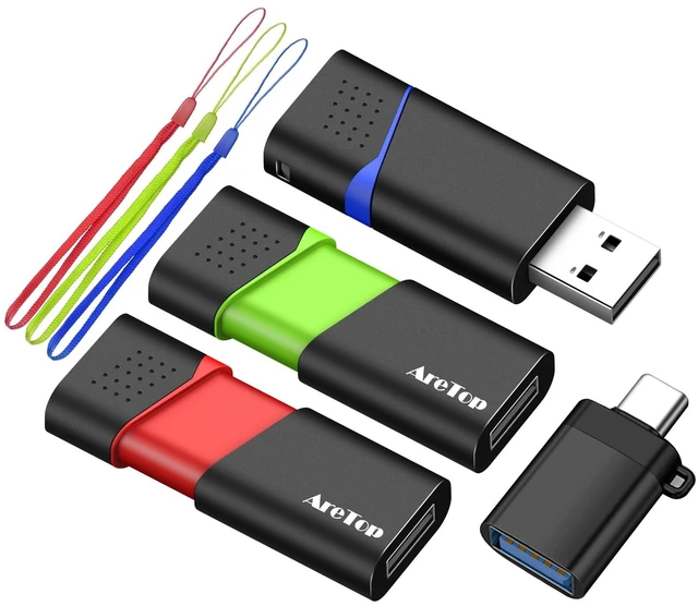 Main image of 64GB Flash Drive 3 Pack with Type C Adapter, AreTop Retractable USB Stick