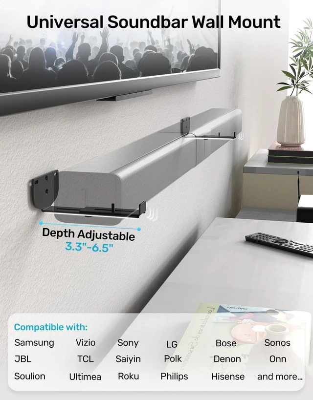 Alt view image 2 of 5 - Etour New Update Premium Universal Soundbar Wall Mount Bracket Depth Adjustable Hold Up to 38lbs Quick Install for Samsung, Sony, Bose, Vizio, LG, JBL and More Sound bar Shelf Under TV