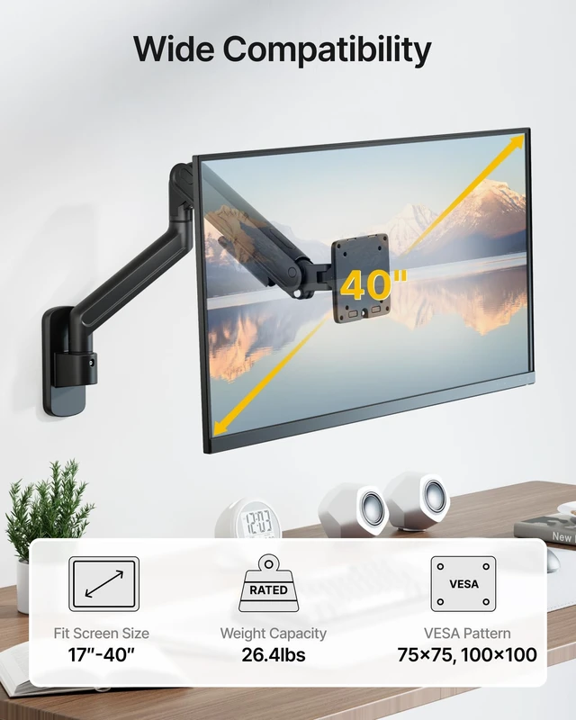 Alt view image 2 of 5 - monTEK Single Monitor Wall Mount, Full Motion Spring Arm for 17-40" Screen