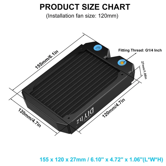 Alt view image 2 of 5 - DIYhz Water Cooling Computer Radiator, 12 Pipe Thick Copper Heat Exchanger Liquid Cooling Radiator G1/4 Thread Heat Row Sink 120mm for CPU PC Laser Water Cool System DC12V Black