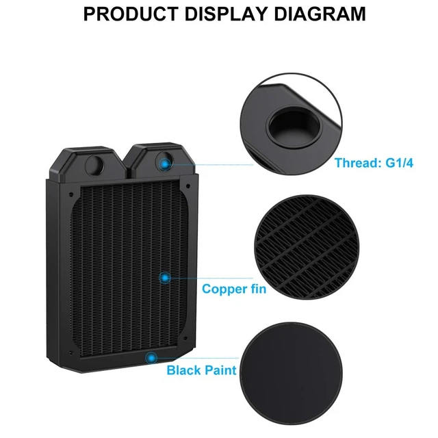 Alt view image 3 of 5 - DIYhz Water Cooling Computer Radiator, 12 Pipe Thick Copper Heat Exchanger Liquid Cooling Radiator G1/4 Thread Heat Row Sink 120mm for CPU PC Laser Water Cool System DC12V Black