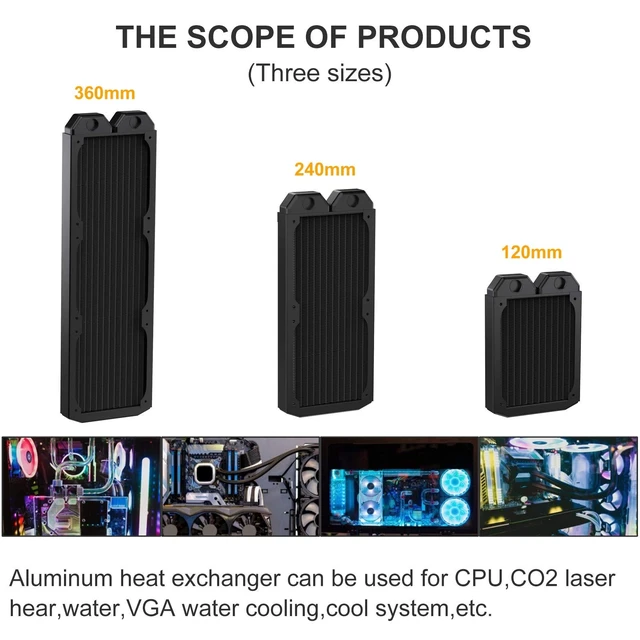 Alt view image 4 of 5 - DIYhz Water Cooling Computer Radiator, 12 Pipe Thick Copper Heat Exchanger Liquid Cooling Radiator G1/4 Thread Heat Row Sink 120mm for CPU PC Laser Water Cool System DC12V Black