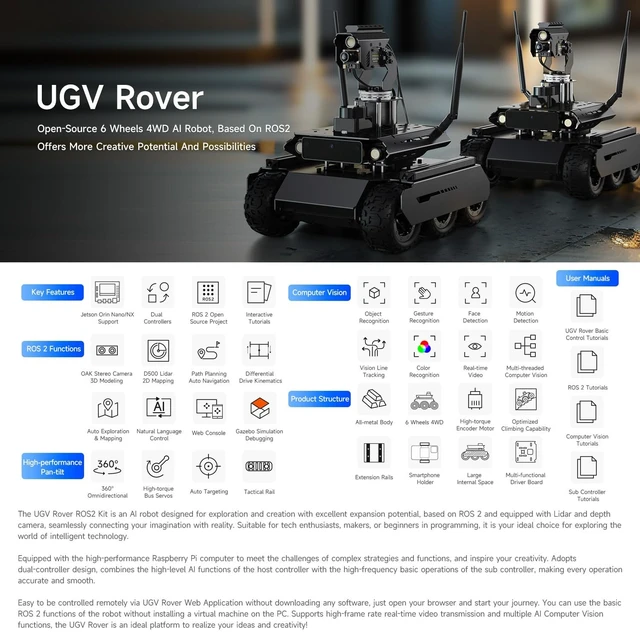 Alt view image 3 of 5 - Waveshare UGV Rover ROS 2 Open-Source 6 Wheels 4WD AI Robot, Compatible with Jetson Orin Nano/NX, Dual Controllers, with Multi-Functional Driver Board and 360 Flexible Omnidirectional Pan-Tilt