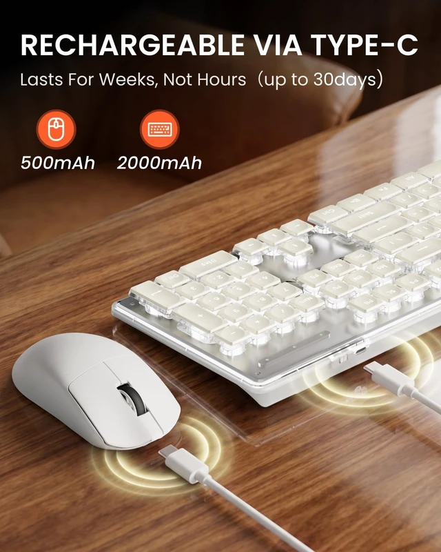 Alt view image 4 of 5 - Wireless Keyboard and Mouse Combo, White Backlit, Rechargeable - White