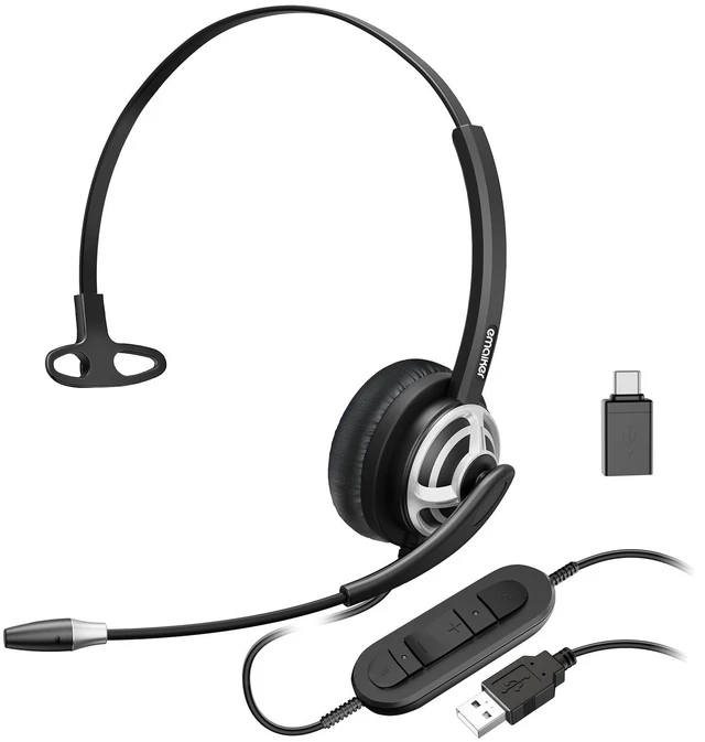 Main image of Single Side USB Computer Headset with Noise-Cancelling Mic for PC, Laptop, 1 Ear Office Call Center USB-A Headphone with In-Line Control for Dragon Dictation, Skype, Teams, Zoom Conference Call