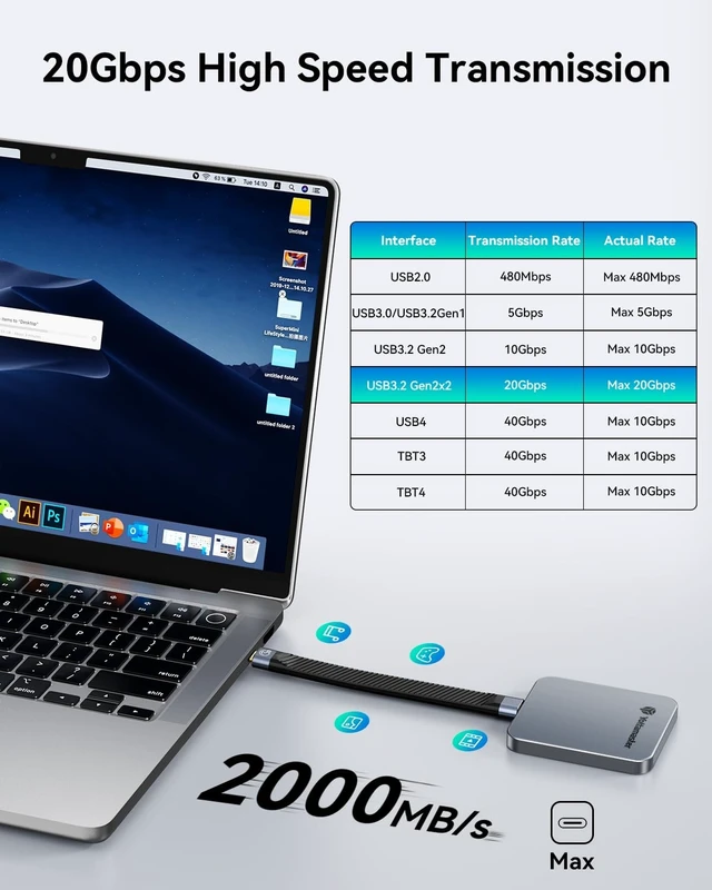Alt view image 2 of 5 - Yottamaster 1TB External SSD, Up to 2000MB/s Portable Solid State Drive