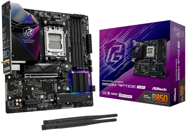 Main image of ASRock AMD B850M Phantom Gaming Riptide WiFi 7 Socket AM5 Ryzen 9000, 8000 and 7000 Series DDR5 B850 up to 8000+ (OC) MHz 256GB Micro ATX Motherboard M.2 SATA3 6.0 Gb/s PCIe 5.0 BIOS Flashback