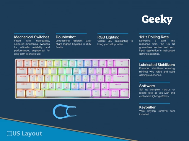 Alt view image 2 of 5 - Geeky GK61 SE 60% ^^ Mechanical Gaming Keyboard ^^ 61 Keys Multi Color RGB LED Backlit for PC/Mac Gamer ^^ ANSI US American Layout (White, Mechanical Speed Yellow)