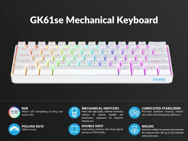 Alt view image 5 of 5 - Geeky GK61 SE 60% ^^ Mechanical Gaming Keyboard ^^ 61 Keys Multi Color RGB LED Backlit for PC/Mac Gamer ^^ ANSI US American Layout (White, Mechanical Speed Yellow)