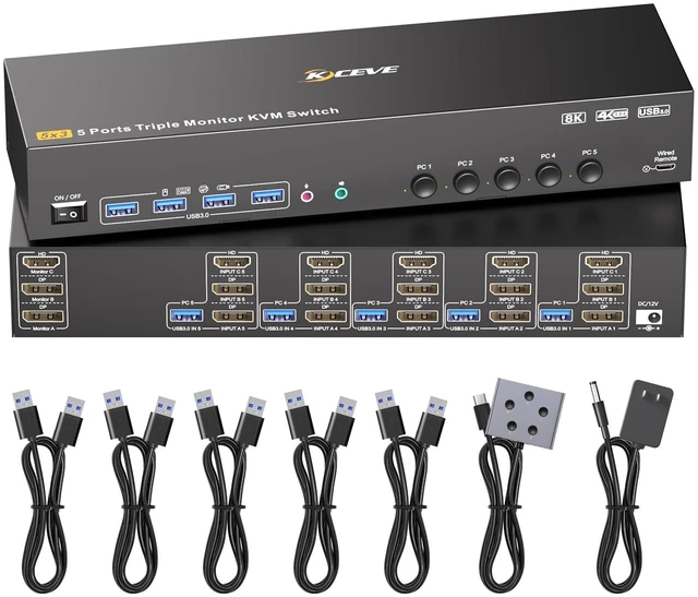 Main image of KVM Switch 3 Monitors 5 Computers HDMI + DisplayPort, KCEVE DP 5 Computer KVM Switcher, 8K@30Hz/4k@144Hz for 5 PC Share 4 Display and USB 3.0 Devices