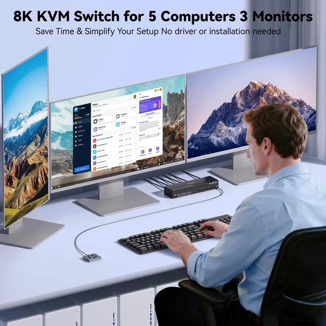 Alt view image 4 of 5 - KVM Switch 3 Monitors 5 Computers HDMI + DisplayPort, KCEVE DP 5 Computer KVM Switcher, 8K@30Hz/4k@144Hz for 5 PC Share 4 Display and USB 3.0 Devices