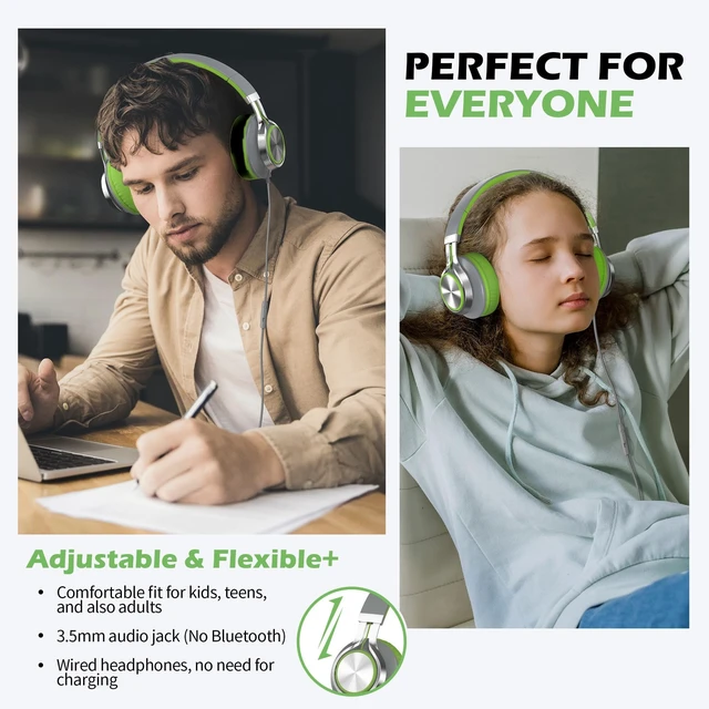 Alt view image 2 of 5 - Wired Headphones with Mic for School Kids Boys Girls Teen 3.5mm, GreyGreen