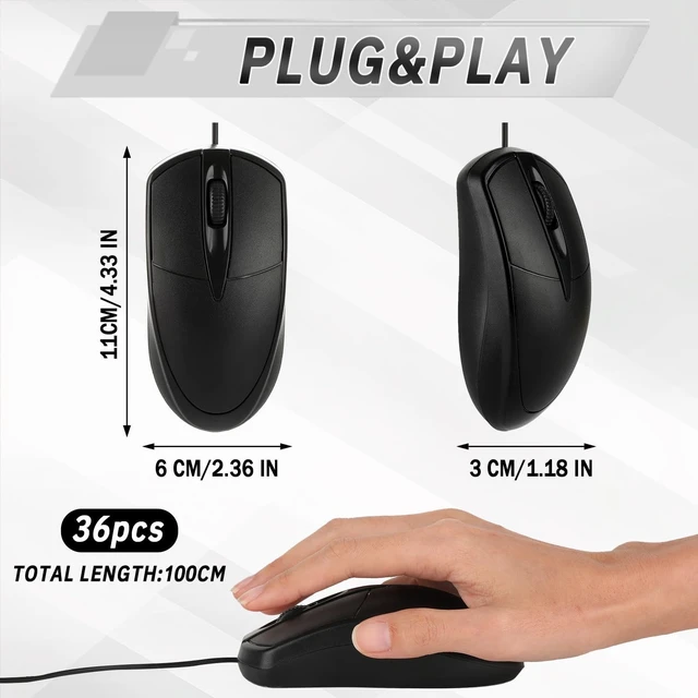 Alt view image 2 of 5 - Bornerwhite 36 Pcs Black USB Wired Mouse 1200 DPI 3 Button Corded Computer Mice Right or Left Hand Use Computer Corded USB Mouse Bulk for PC Laptop Desktop Notebook Office School Classroom Use