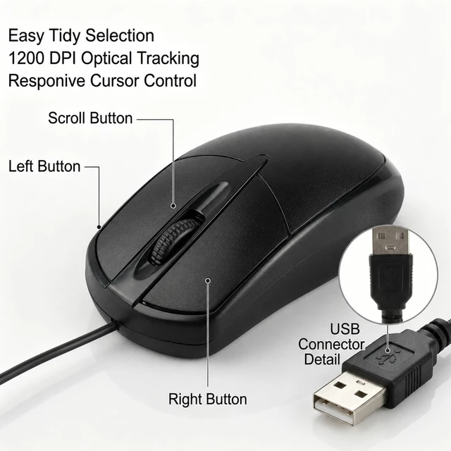 Alt view image 3 of 5 - Bornerwhite 36 Pcs Black USB Wired Mouse 1200 DPI 3 Button Corded Computer Mice Right or Left Hand Use Computer Corded USB Mouse Bulk for PC Laptop Desktop Notebook Office School Classroom Use