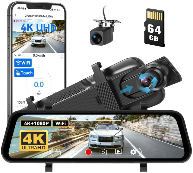 Main image of 9.66'' IPS Mirror Dual Dash Camera, 4K Mirror Dash Cam with 1080P Backup Cam Supports WiFi APP, Touchscreen Dash Cam for Car with Reverse Assist,Parking Mode,Night Vision,64GB Card Included,Wide Angle