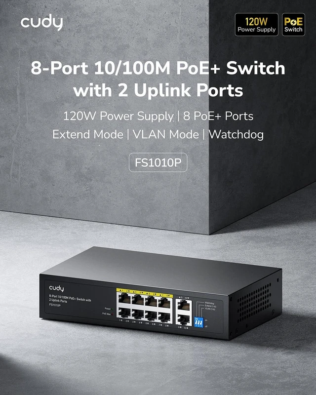 Alt view image 2 of 5 - Cudy 10 Port 10/100Mbps PoE+ Unmanaged Switch,8PoE 120W Metal, FS1010P