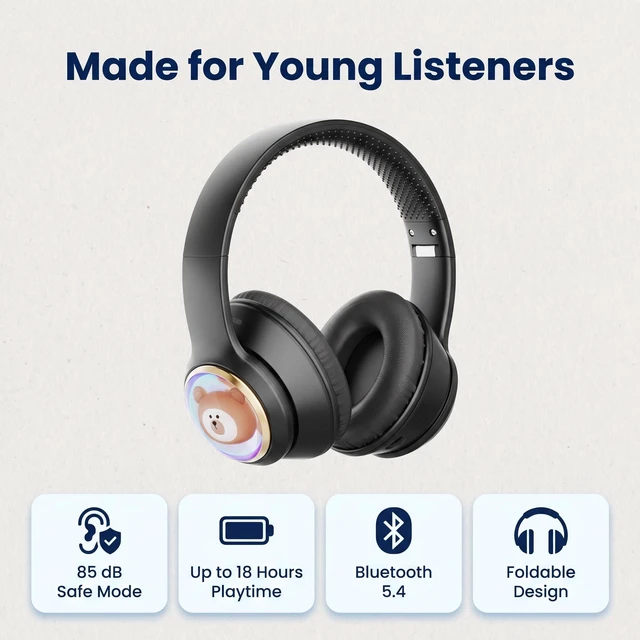 Alt view image 3 of 5 - YLFASHION Kids Bluetooth Headphones with Colorful LED Lights, Wireless Over Ear Headset with 85/115dB Safe Volume, 20H Playtime, AUX Cable for Travel & Online Learning
