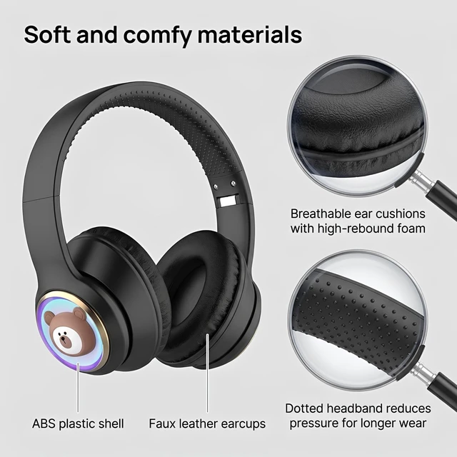 Alt view image 5 of 5 - YLFASHION Kids Bluetooth Headphones with Colorful LED Lights, Wireless Over Ear Headset with 85/115dB Safe Volume, 20H Playtime, AUX Cable for Travel & Online Learning