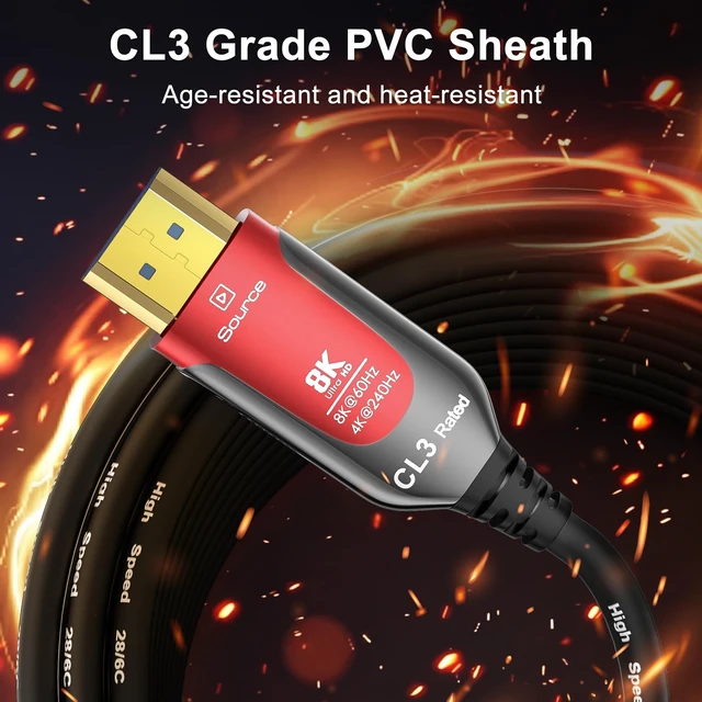 Alt view image 2 of 5 - 8K CL3 Rated HDMI Cable 65 ft, 48Gbps Fiber Optic Ultra High Speed Long HDMI 2.1 Cord, in-Wall CL3 Cable for Pipes,8K@60Hz 4K@240Hz Dynamic eARC/HDCP 2.2&2.3 Compatible with HDTV, Gaming Consoles