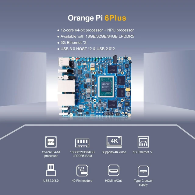 Alt view image 2 of 5 - Orange Pi 6 Plus 16GB/32GB LPDDR5 CIX CD8180/CD8160 12-Core Single Board Computer with Active Cooling System, Support 45 Tops AI Computing Power, Mini PC Run Ubuntu/Debian/Android/Windows/ROS2 (16GB)