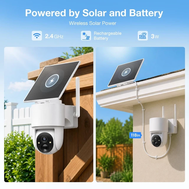 Alt view image 2 of 5 - Tical Wireless Security Camera Outdoor, 4MP Solar Outdoor Security Camera, 24/7 Continuous Recording, 2.4GHz WiFi, 360 PTZ, Color Night Vision, PIR Motion Alerts, 2-Way Audio, White
