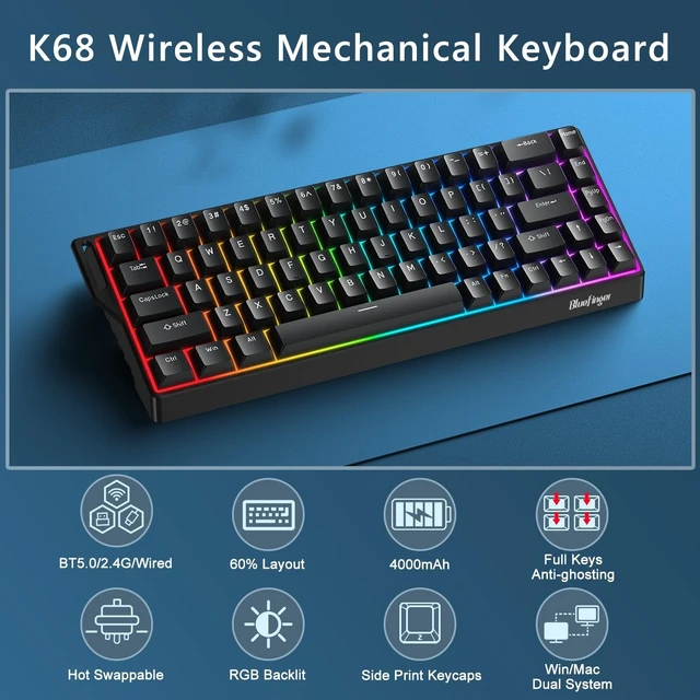 Alt view image 2 of 5 - BlueFinger 60% Wireless Mechanical Gaming Keyboard, Bluetooth/2.4G/USB-C Hot Swappable RGB Backlit Keyboard with Side-Printed PBT Keycaps, for MAC Xbox PC PS5 (Black)