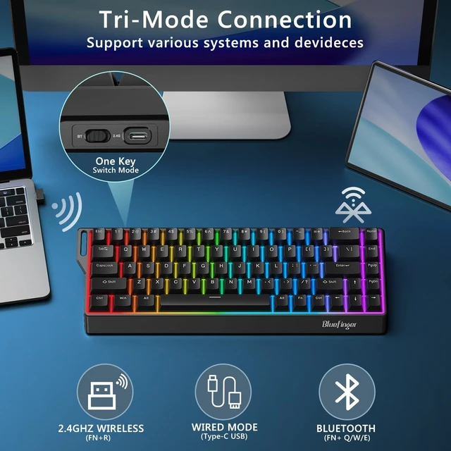 Alt view image 3 of 5 - BlueFinger 60% Wireless Mechanical Gaming Keyboard, Bluetooth/2.4G/USB-C Hot Swappable RGB Backlit Keyboard with Side-Printed PBT Keycaps, for MAC Xbox PC PS5 (Black)