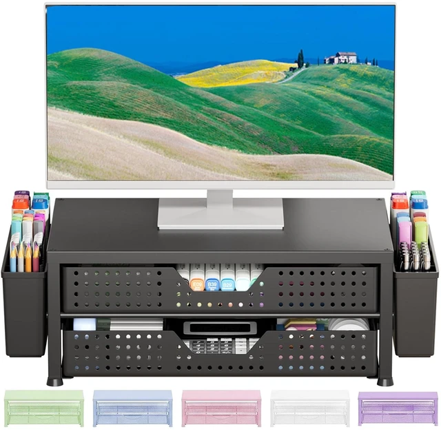 Main image of OPNICE Desk Organizer and Accessories, 2-Tier Computer Monitor Stand Riser with Drawer and 2 Pen Holders, Laptop Stand, Office Desk Accessories for Office Supplies, Matte Black