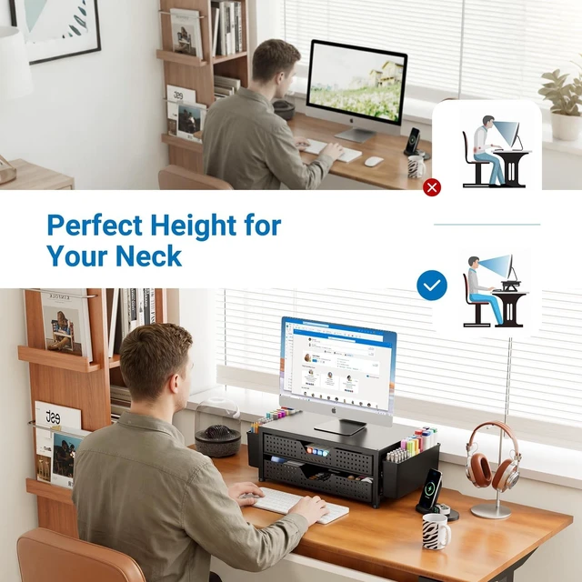 Alt view image 3 of 5 - OPNICE Desk Organizer and Accessories, 2-Tier Computer Monitor Stand Riser with Drawer and 2 Pen Holders, Laptop Stand, Office Desk Accessories for Office Supplies, Matte Black