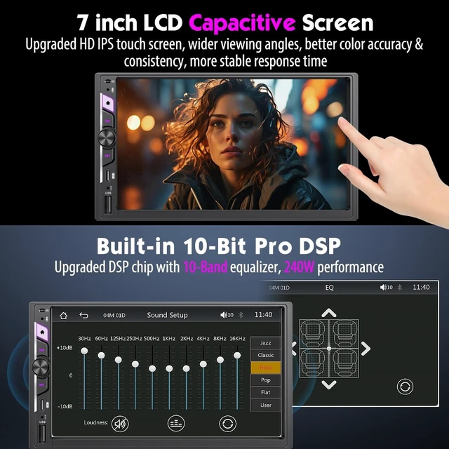 Alt view image 3 of 5 - 7 Inch Double Din Car Stereo with Wireless Apple CarPlay & Android Auto, HD Touchscreen Car FM Radio with Bluetooth Handsfree, Wireless Mirror Link, Airplay, USB-C Fast Charge, 12LED Bac