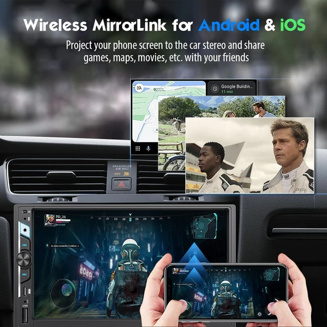 Alt view image 4 of 5 - 7 Inch Double Din Car Stereo with Wireless Apple CarPlay & Android Auto, HD Touchscreen Car FM Radio with Bluetooth Handsfree, Wireless Mirror Link, Airplay, USB-C Fast Charge, 12LED Bac