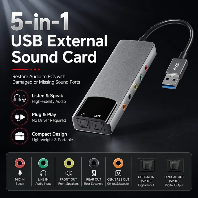 Alt view image 2 of 5 - LAISANIM USB External Sound Card Adapter with Optical Input Output, Audio Interface with 5.1 7.1 Channel Noise Reduction, Plug and Play for PC, Laptop (Aluminum Alloy)