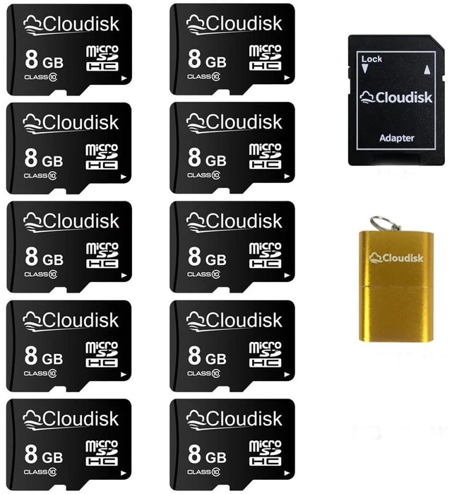 Main image of Cloudisk Pack of 10 Micro SD Card 8GB Flash Memory Card C10 A1 U1 Micro SDHC with SD Adapter, Card Reader (8GB)