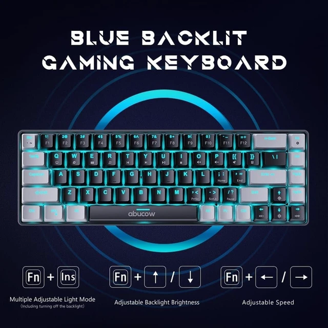 Alt view image 2 of 5 - abucow 65% Mechanical Keyboard with Blue Backlight 68-Key Gaming Keyboard Blue Switches Anti-Ghosting No-Conflict Swappable keycaps Ergonomic Design for a Premium Typing and Gaming on PC and Mac