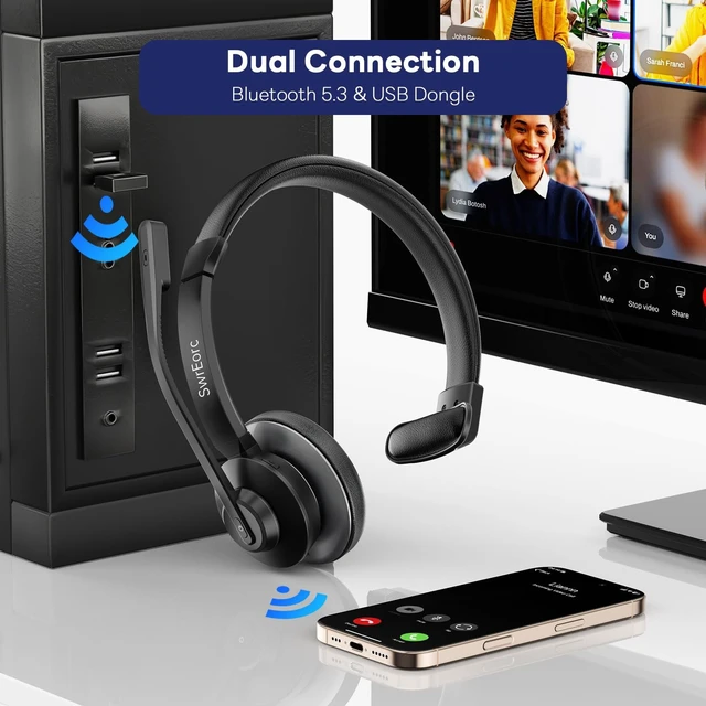 Alt view image 5 of 5 - SwrEorc Bluetooth Headset, Wireless Headset with Mic for Work, Advanced AI Noise Cancelling Microphone (Clear Calls & Mic Mute), Bluetooth 5.3, USB Dongle, Headphones with Mic, for PC/Zoom/Offi
