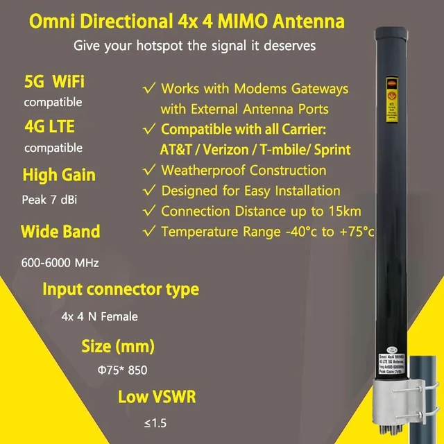 Alt view image 3 of 5 - Omni Directional 4x4 MIMO Antenna 5G for T Mobile Home Internet, 5G/ 4G/ LTE/WiFi Outdoor Cellular Antenna for Modems Routers Hotspots Gateway, 600-6000MHz