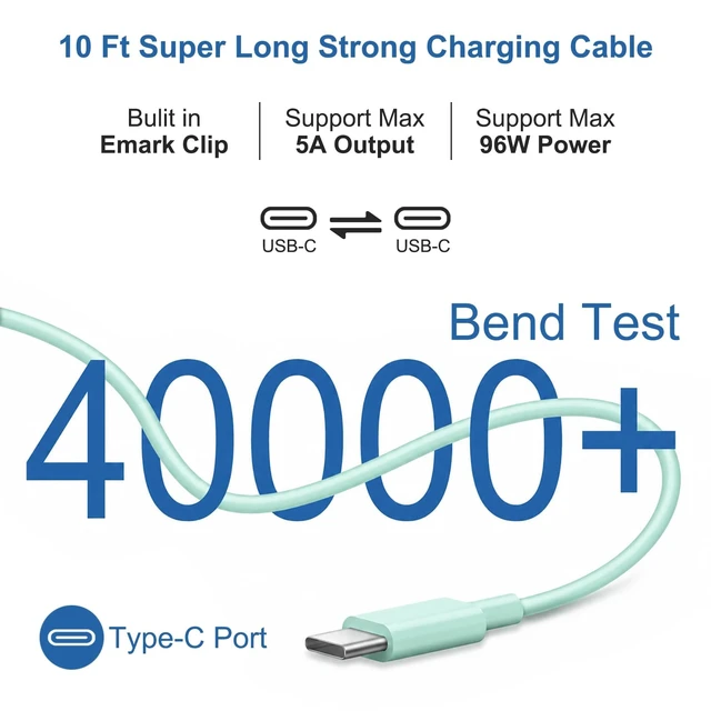 Alt view image 2 of 5 - 10FT Mac Book Pro Air Charger, Long Type C Charging Cable with 96W 87W 61W USB Type C(USB-C) Fast Power Adapter, Compatible with MacBook Air Pro and All USB-C Devices, Green