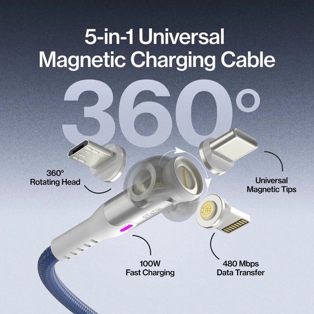 Alt view image 2 of 5 - Statik 360 Pro Magnetic Charging Cable, USB-C Micro-USB iProduct Tips 100W