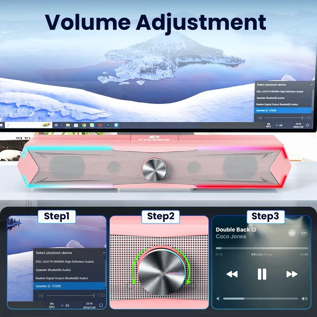 Alt view image 2 of 5 - Tylubio Computer Speakers for PC Desktop, Flowing LED Under-Monitor Soundbar with Clear Stereo Sound, Bluetooth & USB 2-in-1 Audio Input, PC Speaker for Monitor Laptop, Pink