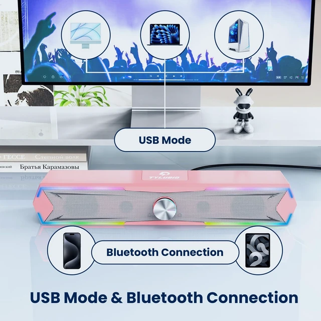 Alt view image 4 of 5 - Tylubio Computer Speakers for PC Desktop, Flowing LED Under-Monitor Soundbar with Clear Stereo Sound, Bluetooth & USB 2-in-1 Audio Input, PC Speaker for Monitor Laptop, Pink