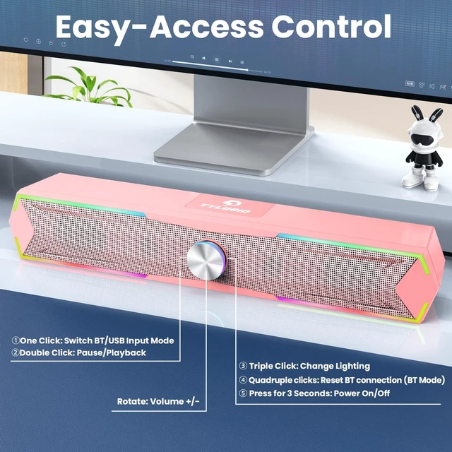 Alt view image 5 of 5 - Tylubio Computer Speakers for PC Desktop, Flowing LED Under-Monitor Soundbar with Clear Stereo Sound, Bluetooth & USB 2-in-1 Audio Input, PC Speaker for Monitor Laptop, Pink